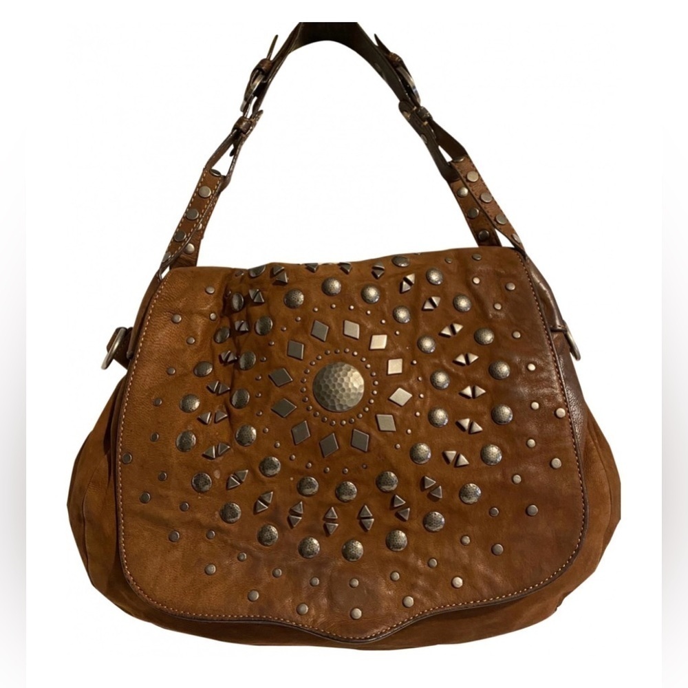 Rebecca Mankoff brown suede leather distressed shoulder handbag